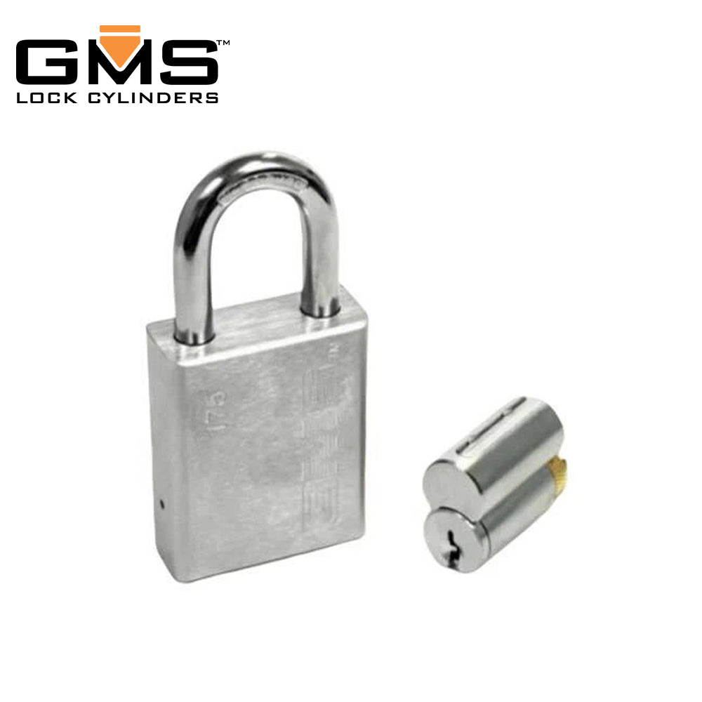 GMS P175 Standard Padlock w/ Rekeyable Cylinder - 1-3/4 Body - 1 Shackle Length - Kwikset - KW1 Keyway - US26D Satin Chrome - OB Keying