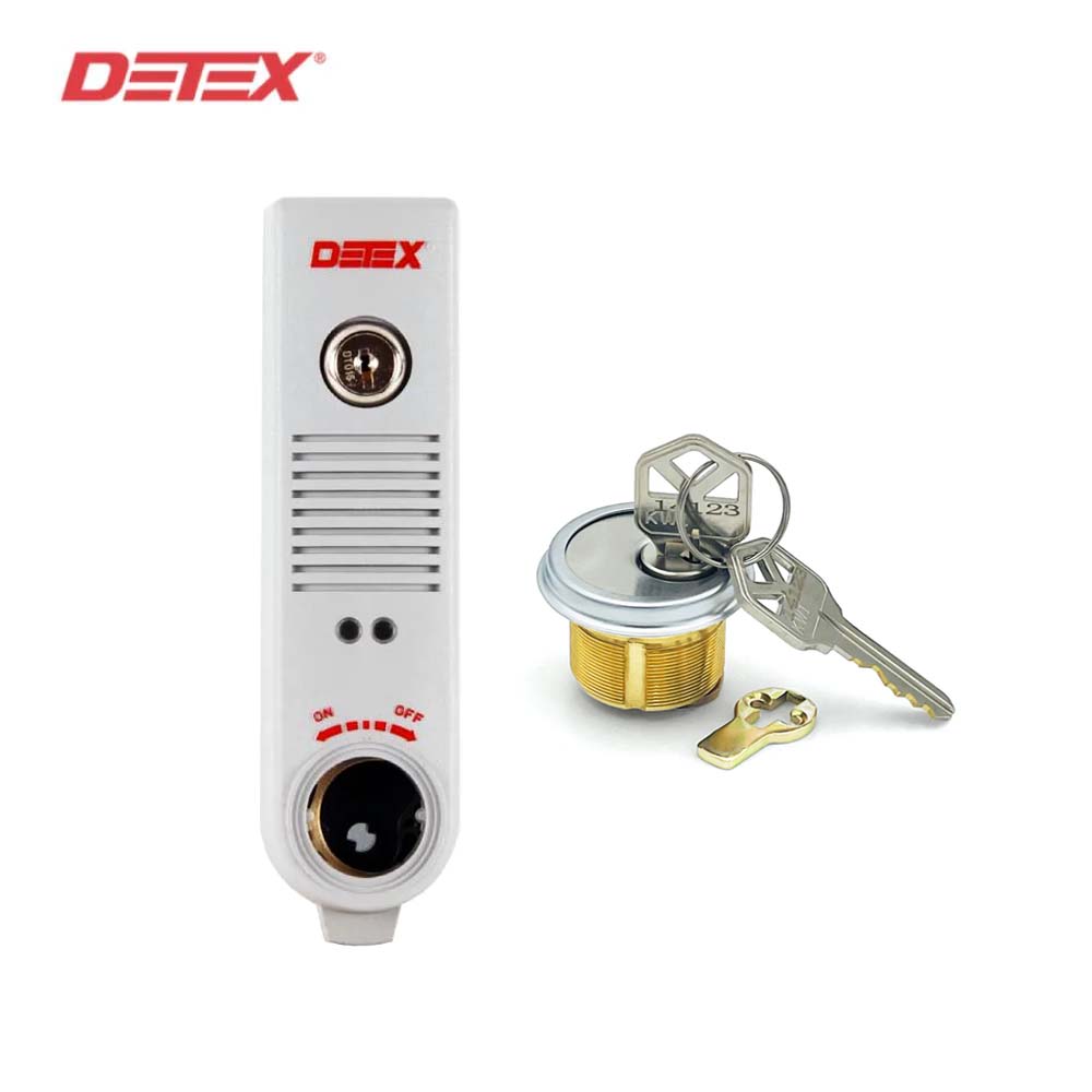 Detex - EAX-500 - Battery Powered Surface Mount Alarm in Gray Finish with 1" Satin Chrome Colored Mortise Cylinder