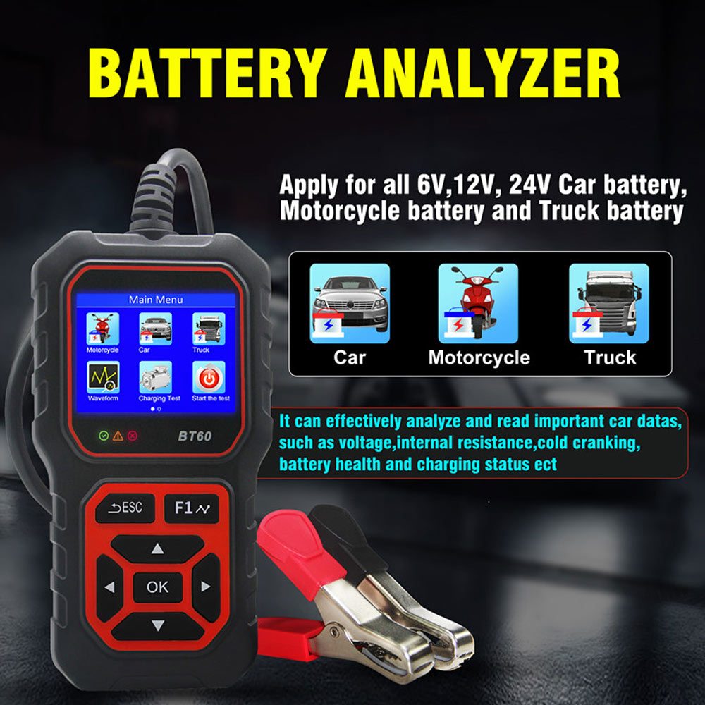 ECS AUTO PARTS BT60 Battery Tester 6V, 12V, 24V Car Digital Battery Analyzer Tool