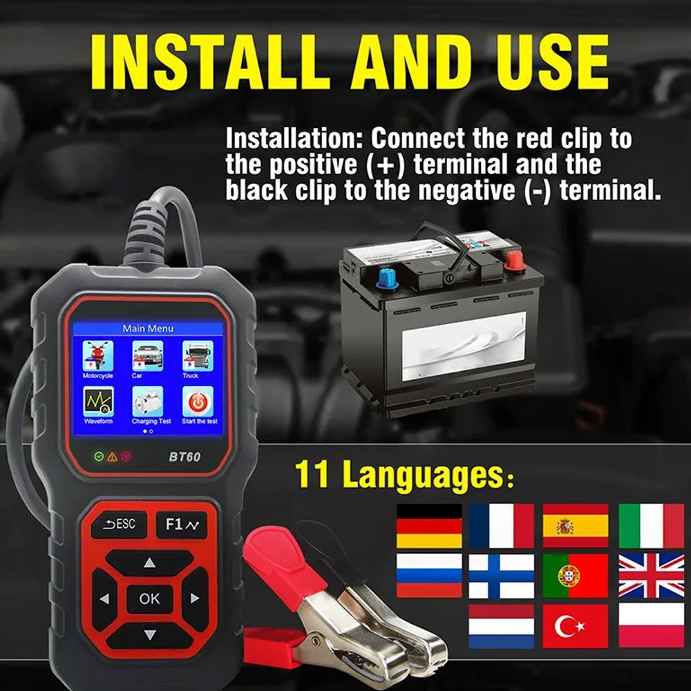 ECS AUTO PARTS BT60 Battery Tester 6V, 12V, 24V Car Digital Battery Analyzer Tool