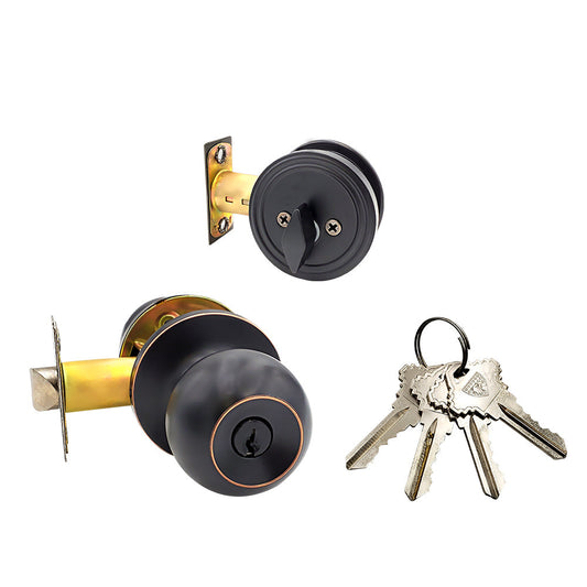 ECS HARDWARE - Durable Combo Lockset w/ Single Knob & Deadbolt - Entrance - Oil Rubbed Bronze - Grade 3 (SC1)