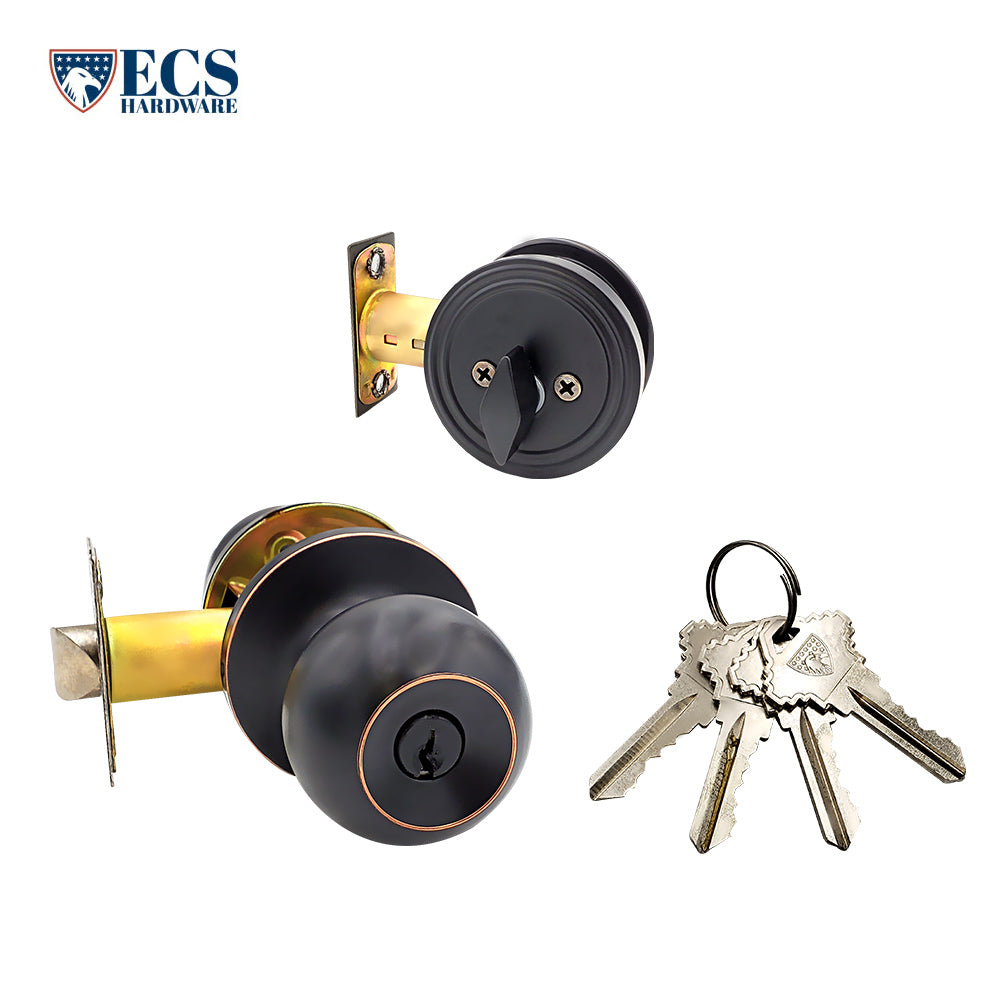 ECS HARDWARE - Durable Combo Lockset w/ Single Knob & Deadbolt - Entrance - Oil Rubbed Bronze - Grade 3 (SC1)