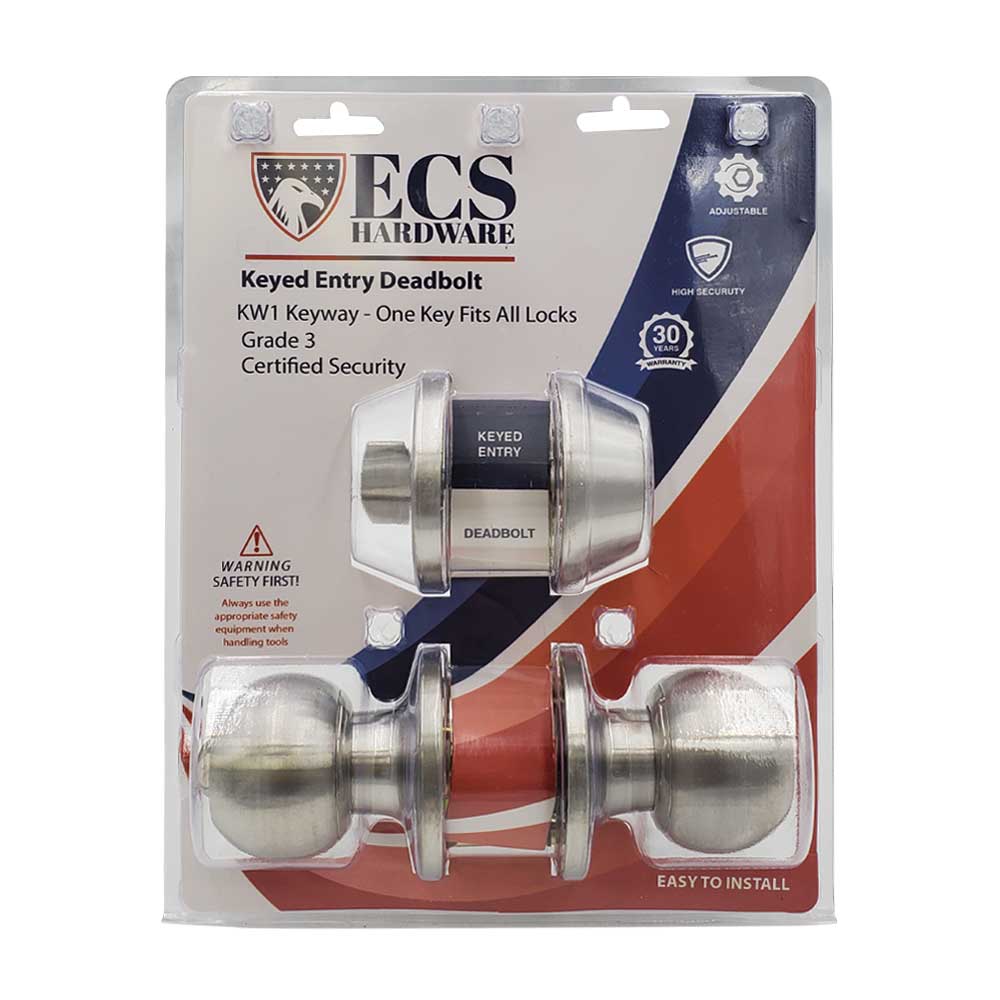 ECS HARDWARE - Durable Combo Lockset w/ Single Knob & Deadbolt - Entrance - Stainless Steel - Grade 3 (KW1)