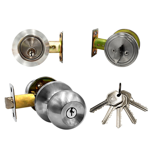 ECS HARDWARE - Durable Combo Lockset w/ Single Knob & Deadbolt - Entrance - Stainless Steel - Grade 3 (KW1)