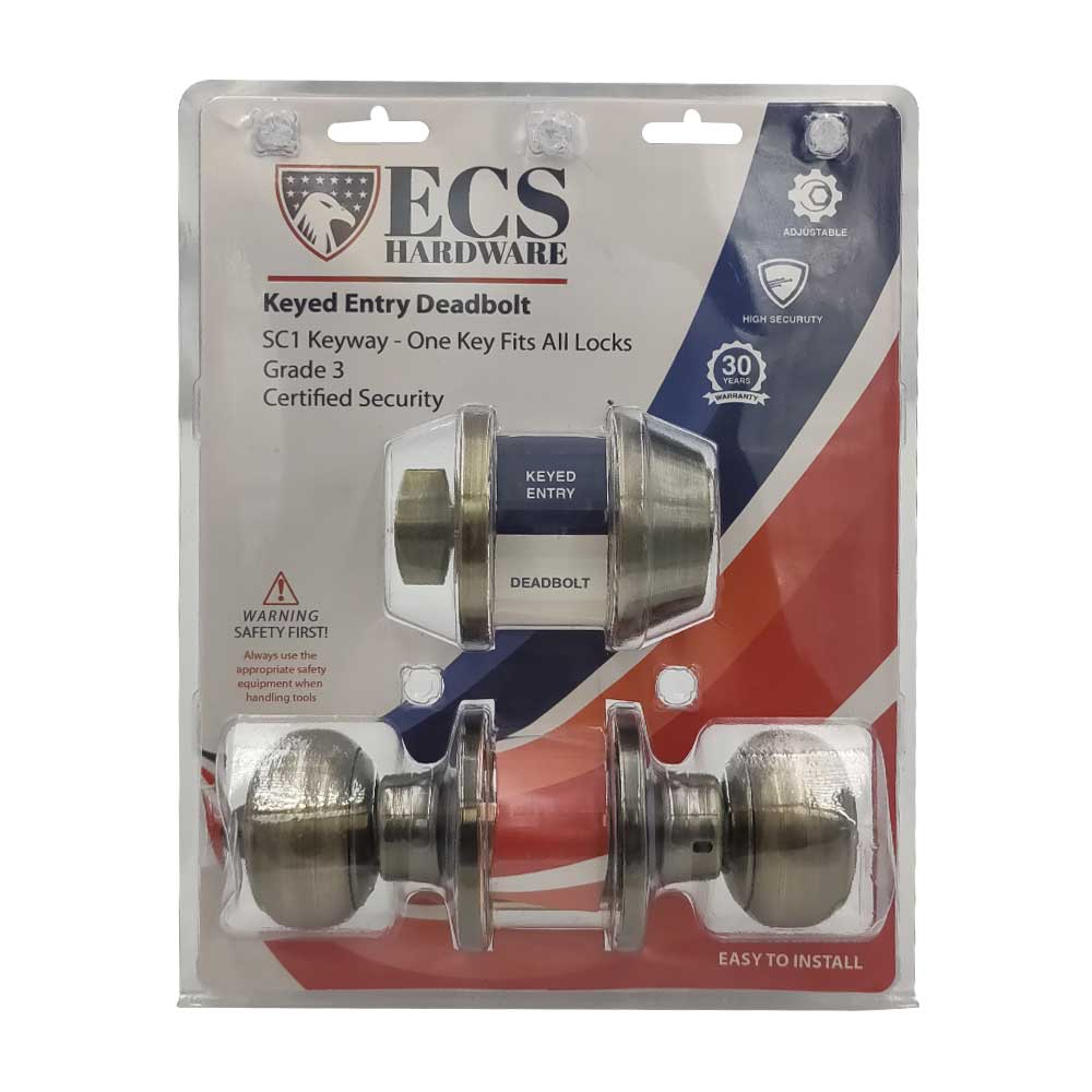 ECS HARDWARE - Durable Combo Lockset w/ Single Knob & Deadbolt - Entrance - Antique Bronze - Grade 3 (SC1)