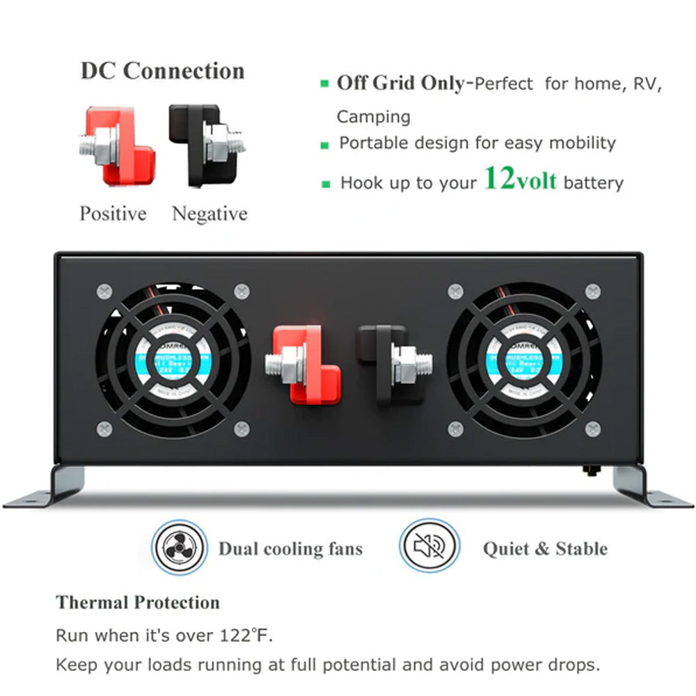 RBP - 2000W Power Inverter 12VDC, 24VDC and 48VDC to 120VAC Pure Sine Wave High Frequency Off Grid Solar Inverter