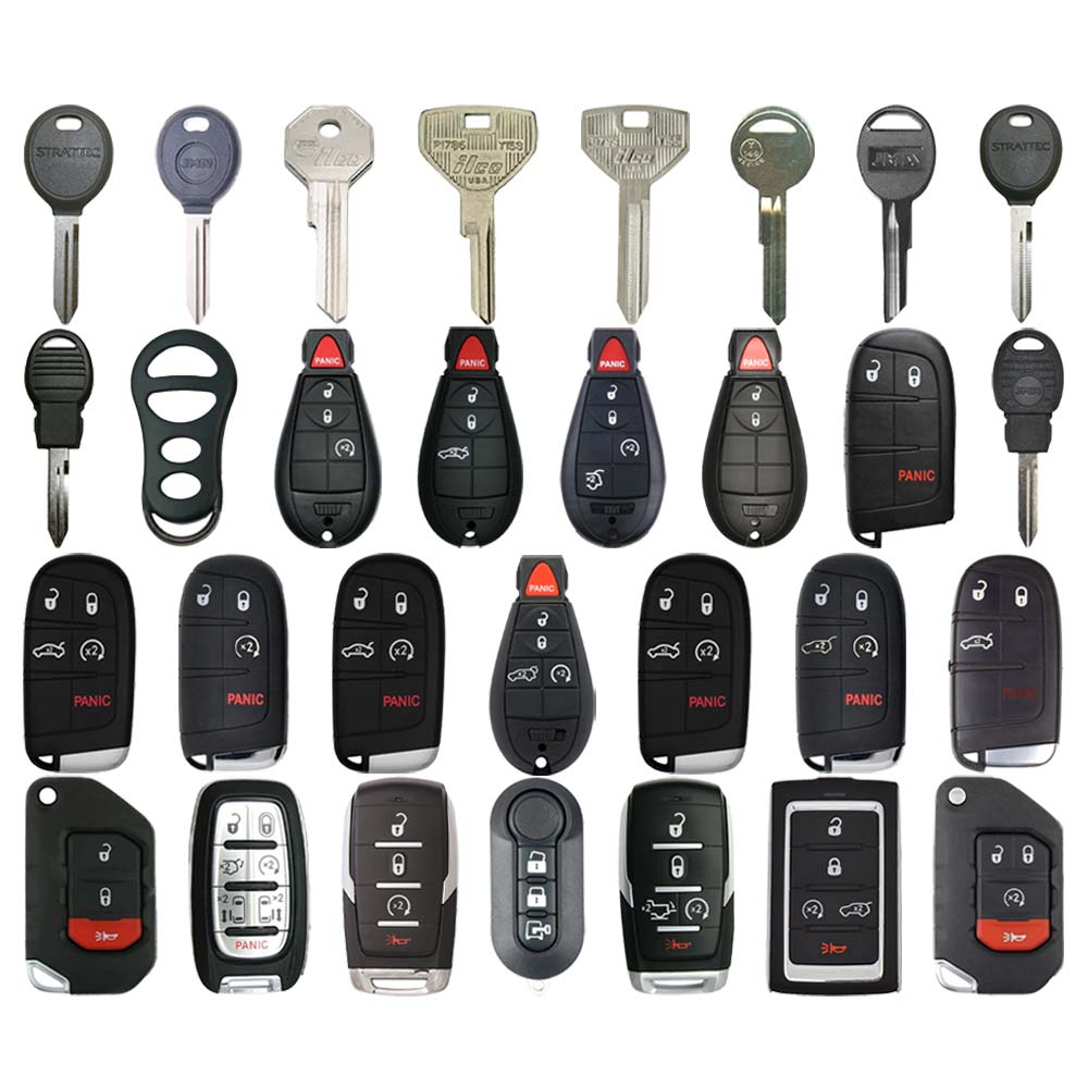 AKS KEYS Aftermarket Starter Pack with 30 Dodge Jeep Chrysler Remotes, Shells, Key Blanks and Transponder Keys